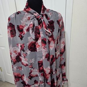 Eva Mendes for New York & Company Floral Blouse - Gray and Red